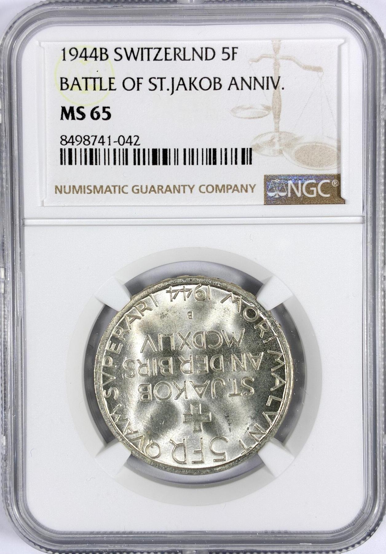 【雨安】【世界币章114期】2025-11-15 周六 19:30 保真 8秒倒数自动落锤 高效拍卖 [评级欧洲] Switzerland 瑞士 5法郎 1944年 圣雅各布比尔斯战役 KM# 45 NGC-MS65