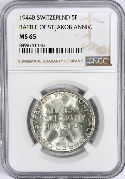 【雨安】【世界币章114期】2025-11-15 周六 19:30 保真 8秒倒数自动落锤 高效拍卖 - [评级欧洲] Switzerland 瑞士 5法郎 1944年 圣雅各布比尔斯战役 KM# 45 NGC-MS65