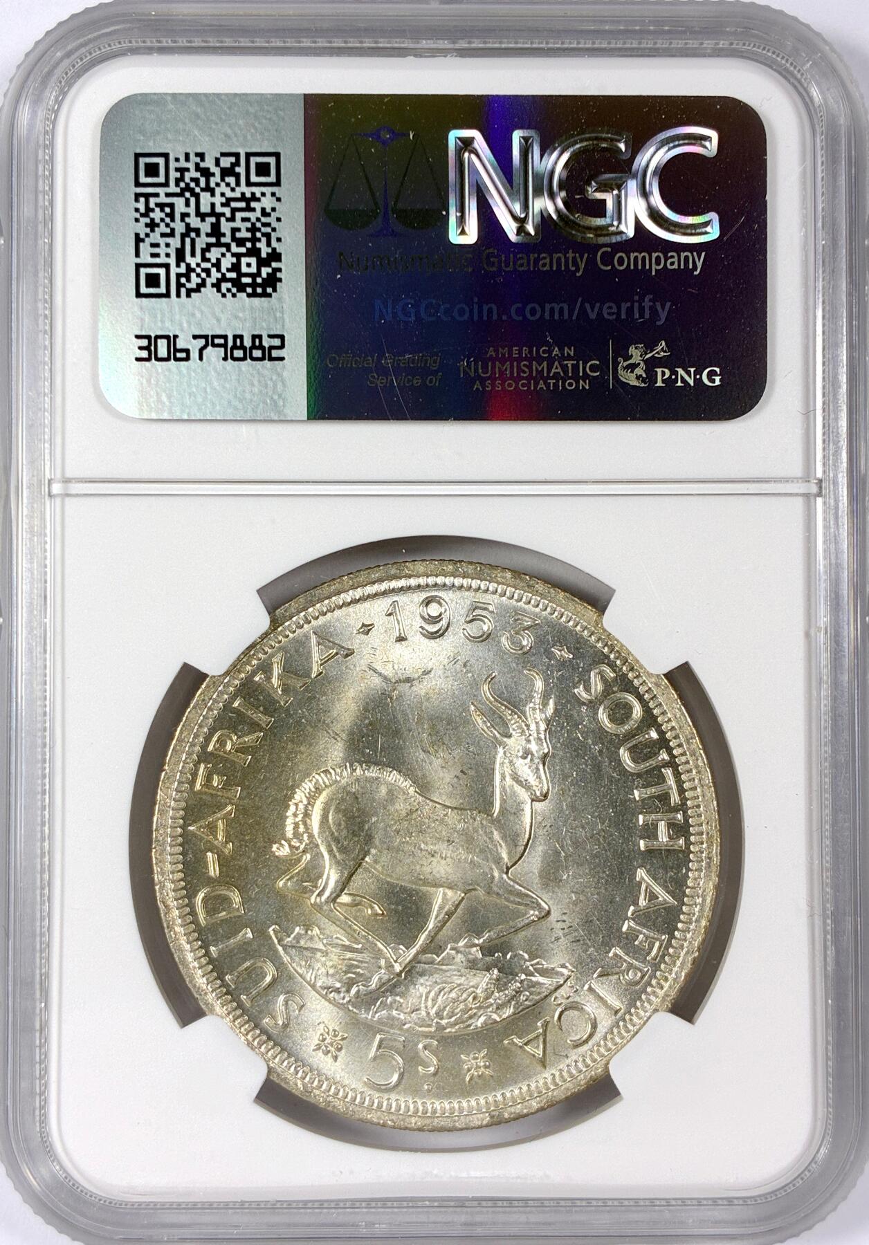 【雨安】【世界币章114期】2025-11-15 周六 19:30 保真 8秒倒数自动落锤 高效拍卖 [评级非洲] South Africa 南非 5先令 1953年 伊丽莎白二世 NGC-MS64