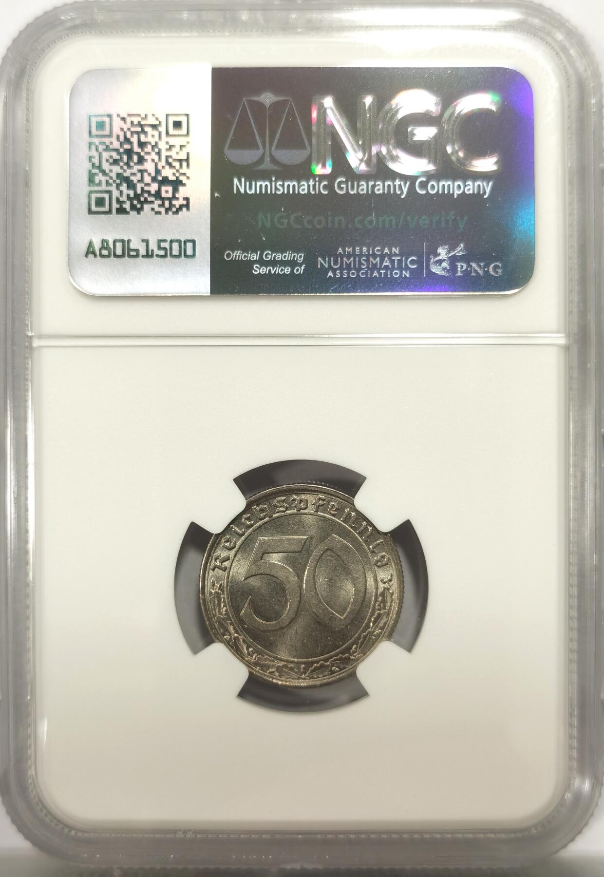 博洋堂世界钱币拍卖第146期（全场包邮） NGC MS64 德国第三帝国1938年A版50芬尼镍币，传说中的回炉坦克币，只有A版属于坦克币