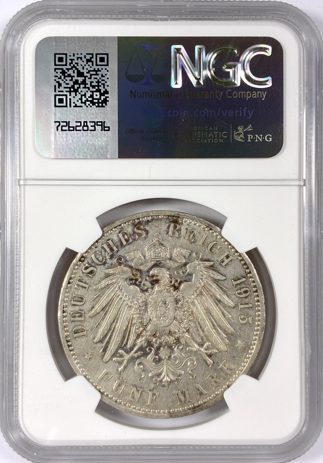 【雨安】【世界币章114期】2025-11-15 周六 19:30 保真 8秒倒数自动落锤 高效拍卖 [评级德国] Germany 德国 帝国 J.058 不伦瑞克 5马克 (1915) 结婚纪念 1915年 NGC-UNC 稀少品种