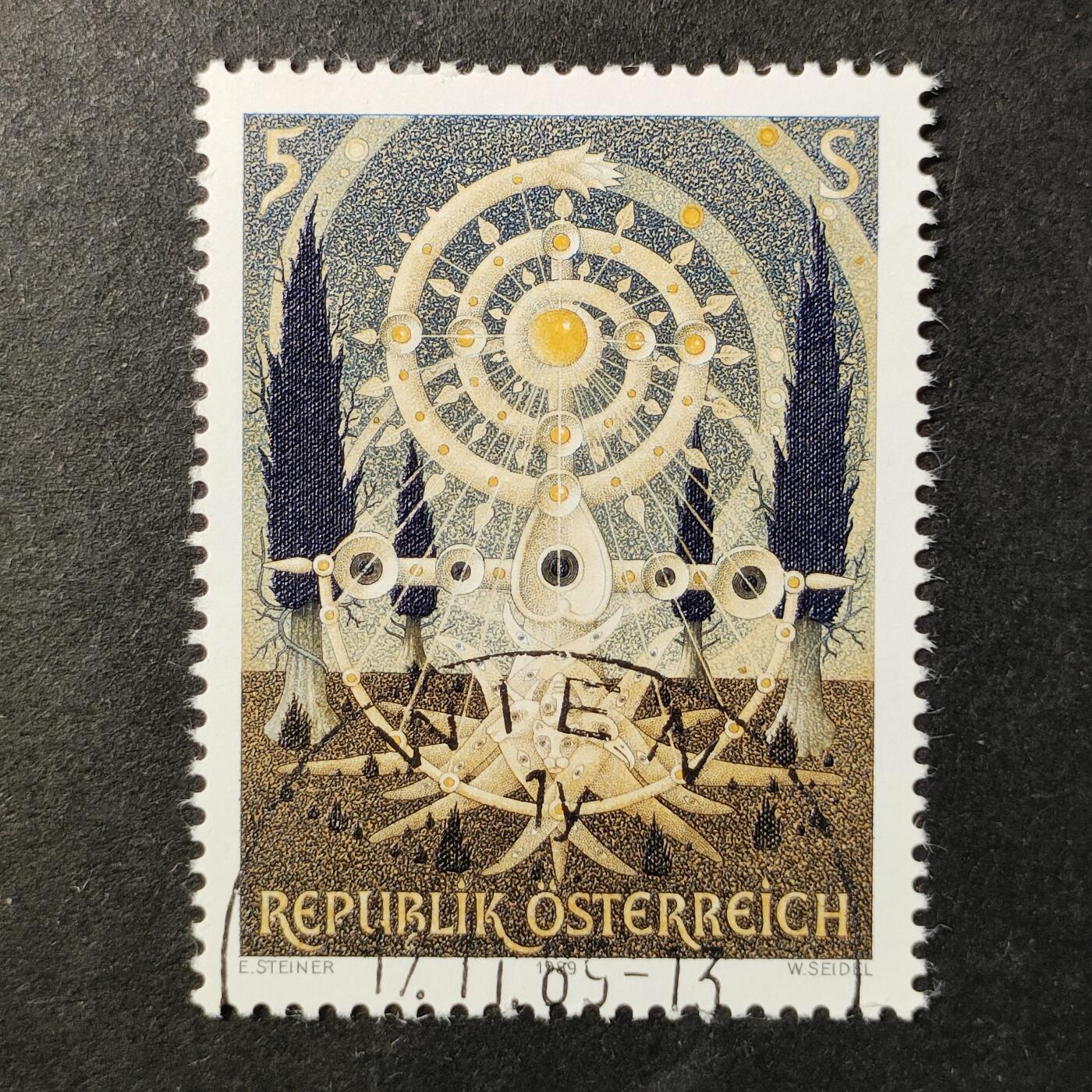 嘉禾收藏    【第377期】            无佣金、可寄存、满30元包邮 奥地利邮票，1989年奥地利现代艺术,恩斯特·施泰纳的油画作品生命之树雕刻版1全