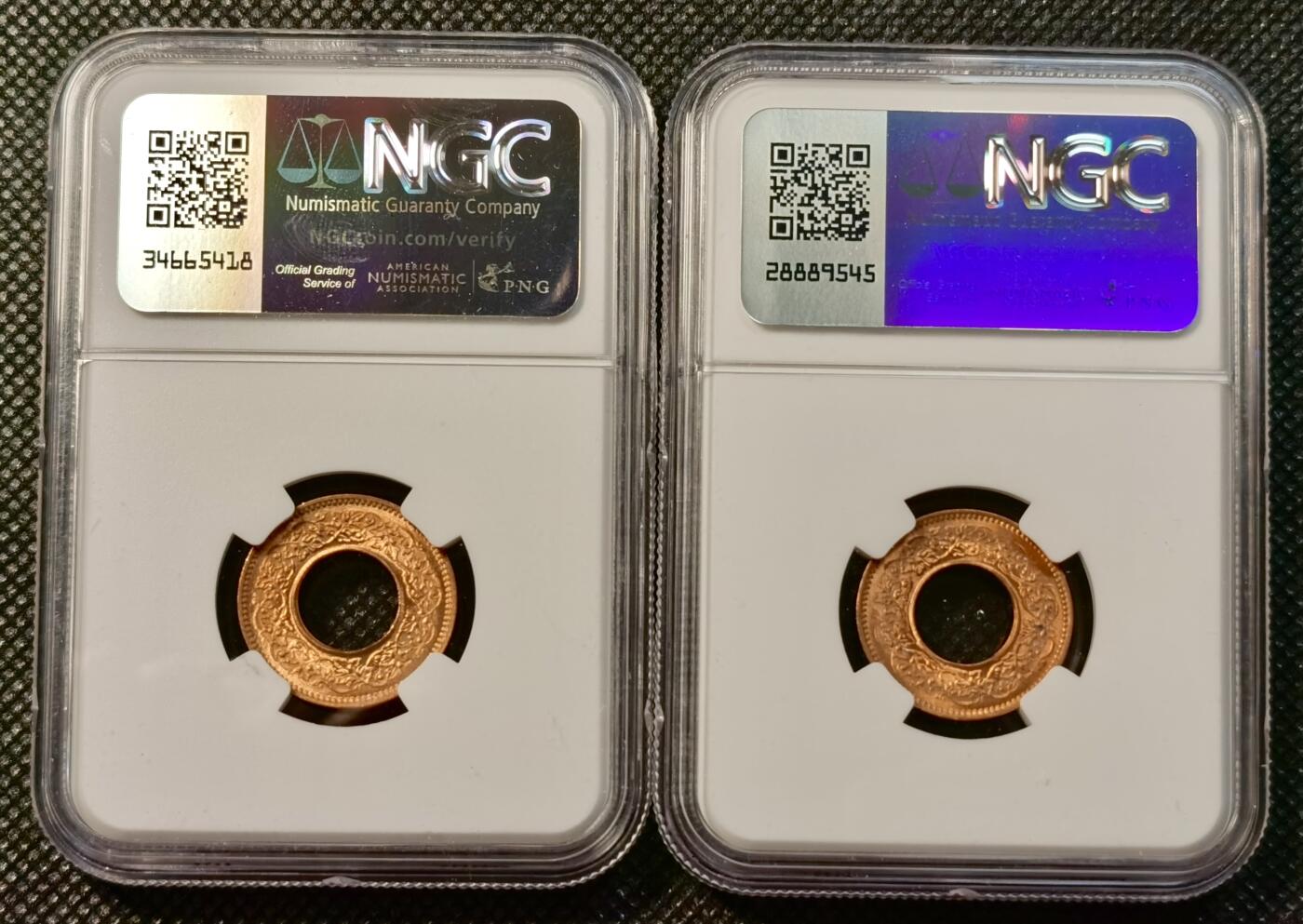 甄臻铺-世界币章拍卖（第39期）送拍享返佣金等优惠多多 NGC-MS67RD 1943年印度乔治六世1沙派，MS66-67两枚一组，卷拆拼品相，铜光圆润