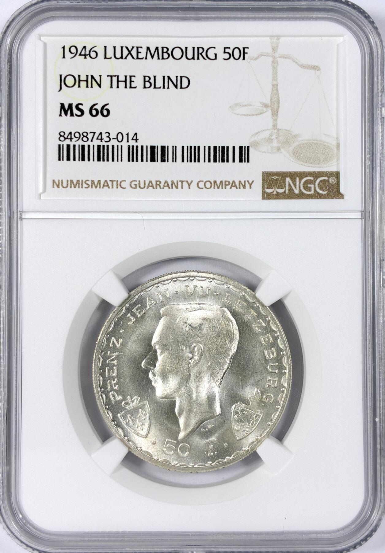 【雨安】【世界币章114期】2025-11-15 周六 19:30 保真 8秒倒数自动落锤 高效拍卖 [评级欧洲] Luxembourg 卢森堡 50法郎 1946年 盲人约翰在克雷西战役中逝世600周年 NGC-MS66