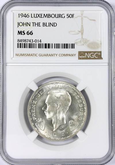 【雨安】【世界币章114期】2025-11-15 周六 19:30 保真 8秒倒数自动落锤 高效拍卖 - [评级欧洲] Luxembourg 卢森堡 50法郎 1946年 盲人约翰在克雷西战役中逝世600周年 NGC-MS66