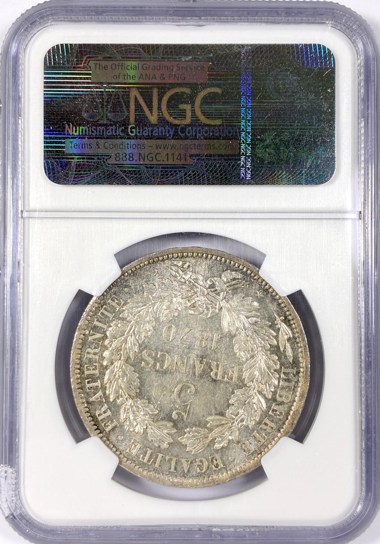 【雨安】【世界币章114期】2025-11-15 周六 19:30 保真 8秒倒数自动落锤 高效拍卖 [评级法国] France 法国 5法郎 KM#0819 谷物 有铭文 1870年 NGC-MS63 粉光