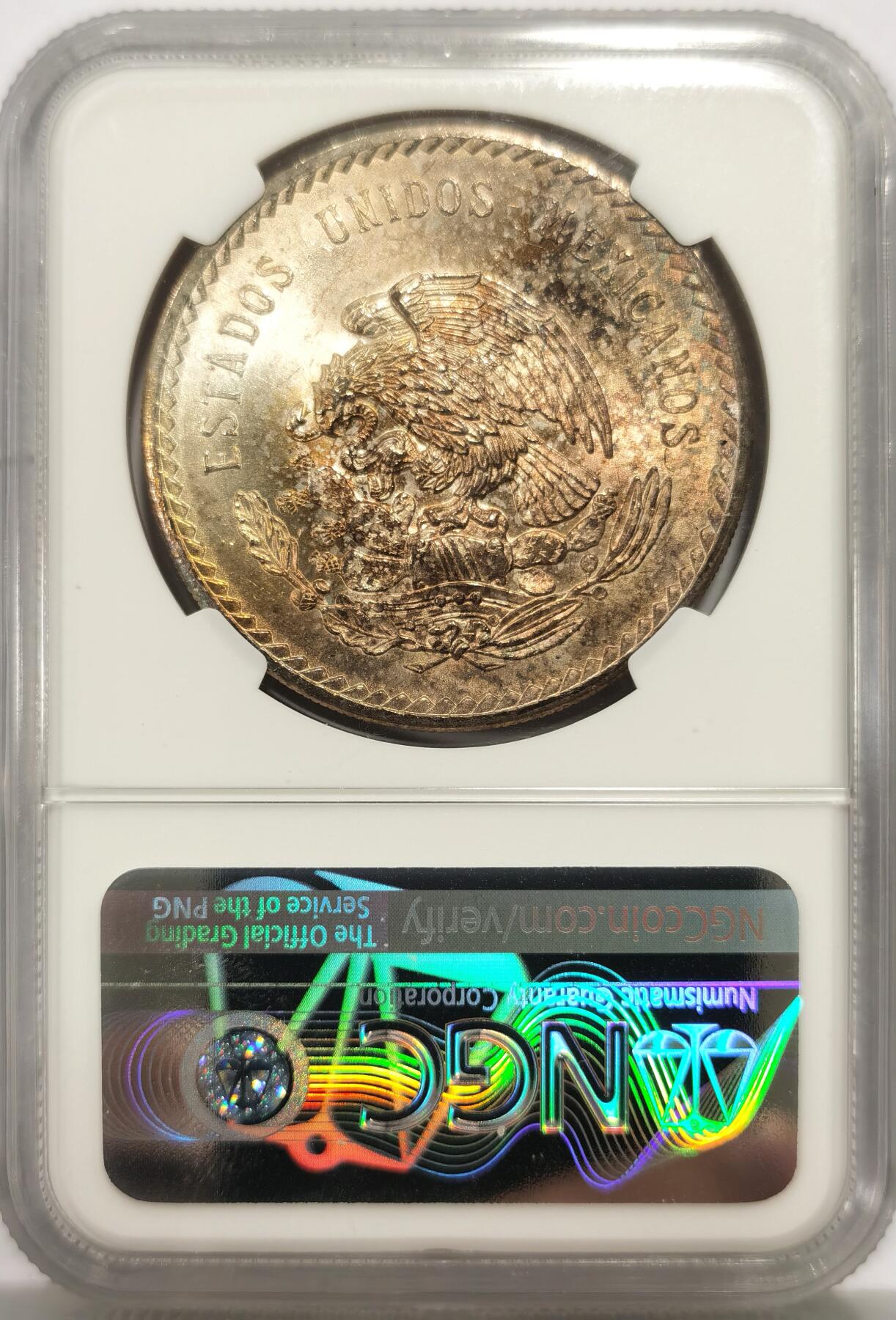 博洋堂世界钱币拍卖第146期（全场包邮） NGC MS64 墨西哥1948年玛雅酋长5比索鹰洋银币，原汁原味五彩老包浆，包浆醇厚，状态极佳。