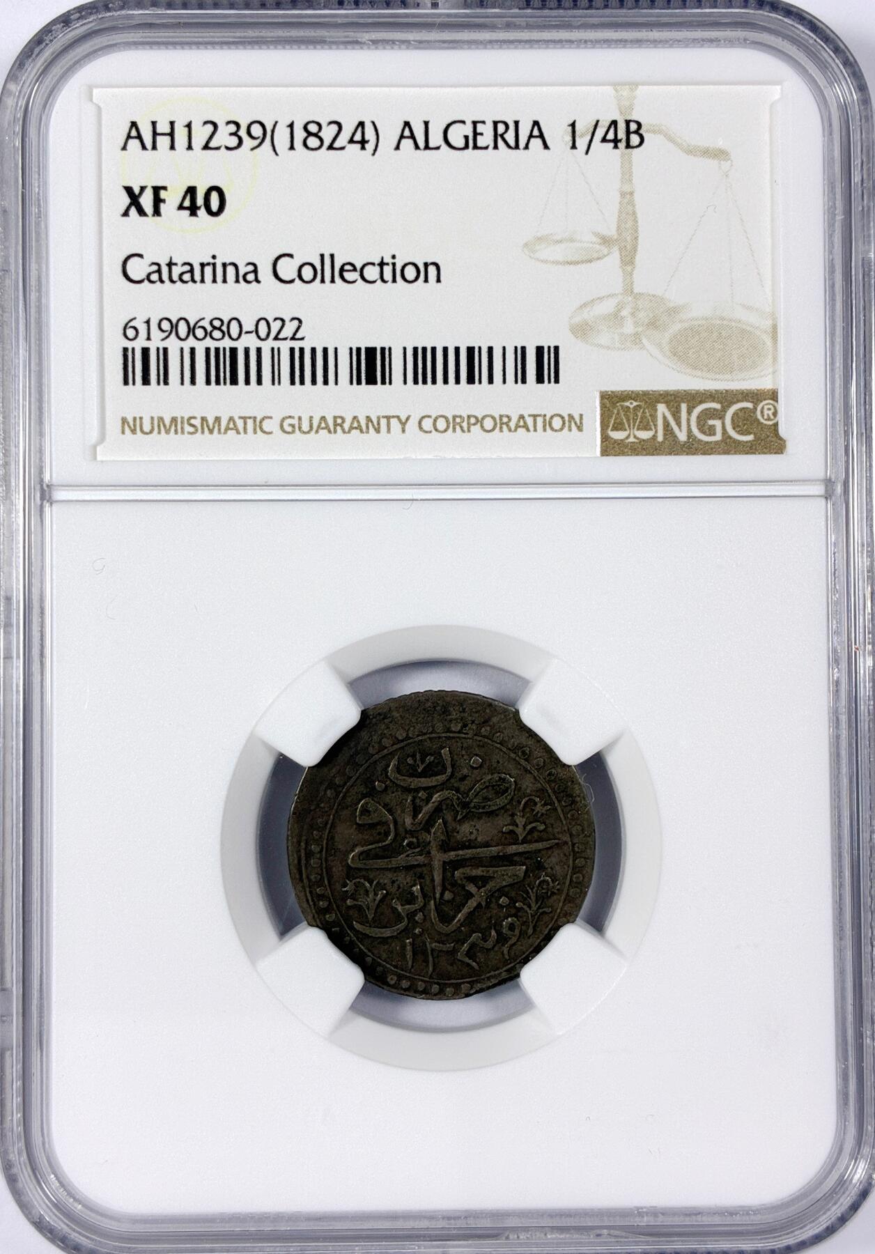 【雨安】【世界币章114期】2025-11-15 周六 19:30 保真 8秒倒数自动落锤 高效拍卖 [评级非洲] Algeria 阿尔及利亚 1/4B 1824年 NGC-XF40