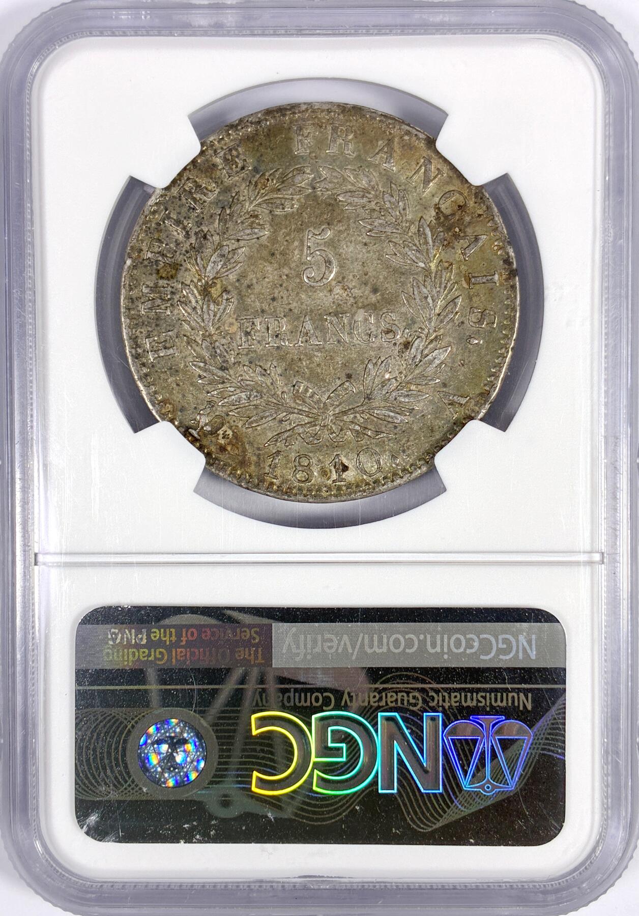 【雨安】【世界币章114期】2025-11-15 周六 19:30 保真 8秒倒数自动落锤 高效拍卖 [评级法国] France 法国 5法郎 KM#0694 (1809-1814) 拿破仑一世 1810年 NGC-AU55