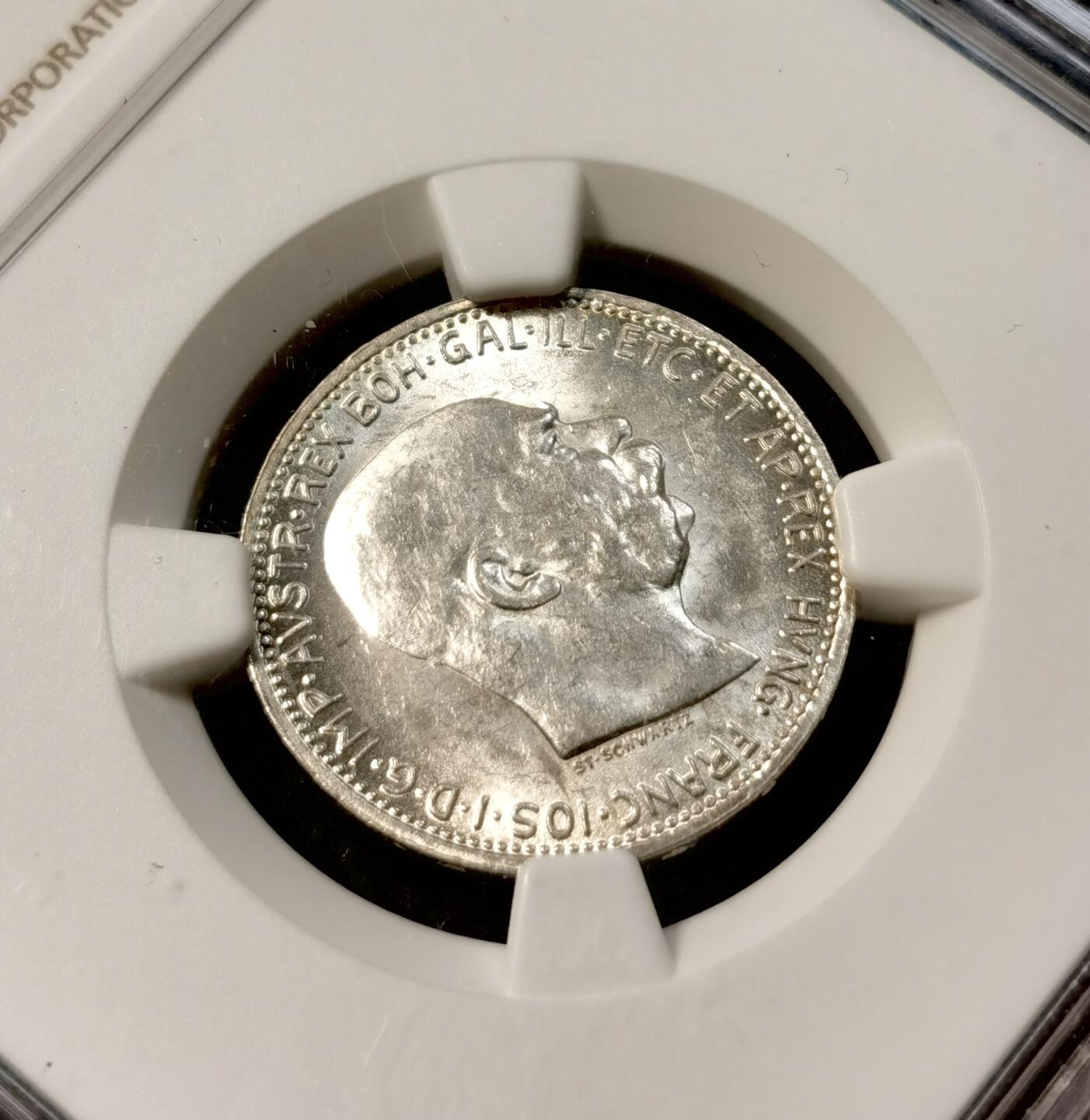 甄臻铺-世界币章拍卖（第39期）送拍享返佣金等优惠多多 NGC-MS62 奥匈帝国1914年1克朗银币 车轮转光