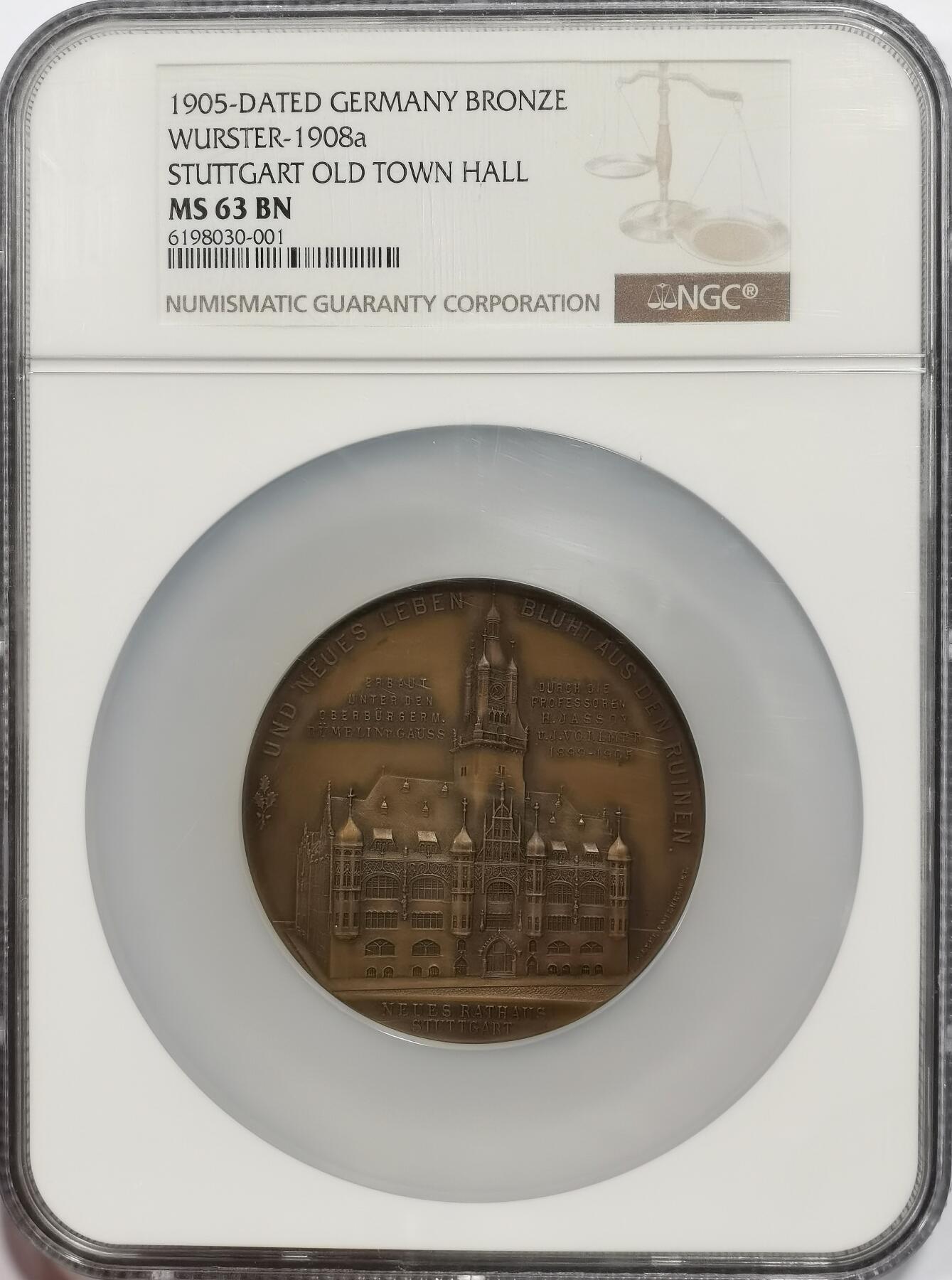 博洋堂世界钱币拍卖第146期（全场包邮） NGC MS63 德国1905年斯图加特市镇中心建成纪念大铜章，60mm巨大款，背面是城镇风景图，硬核的德系风景大章！