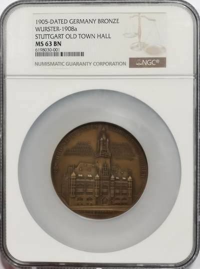 博洋堂世界钱币拍卖第146期（全场包邮） - NGC MS63 德国1905年斯图加特市镇中心建成纪念大铜章，60mm巨大款，背面是城镇风景图，硬核的德系风景大章！