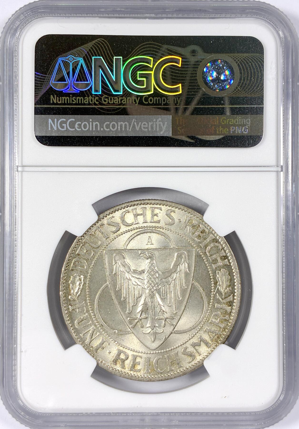 【雨安】【世界币章114期】2025-11-15 周六 19:30 保真 8秒倒数自动落锤 高效拍卖 [评级德国] Germany 德国 魏玛 5马克 KM#71 莱茵兰鹰桥 1930年 NGC-MS63+