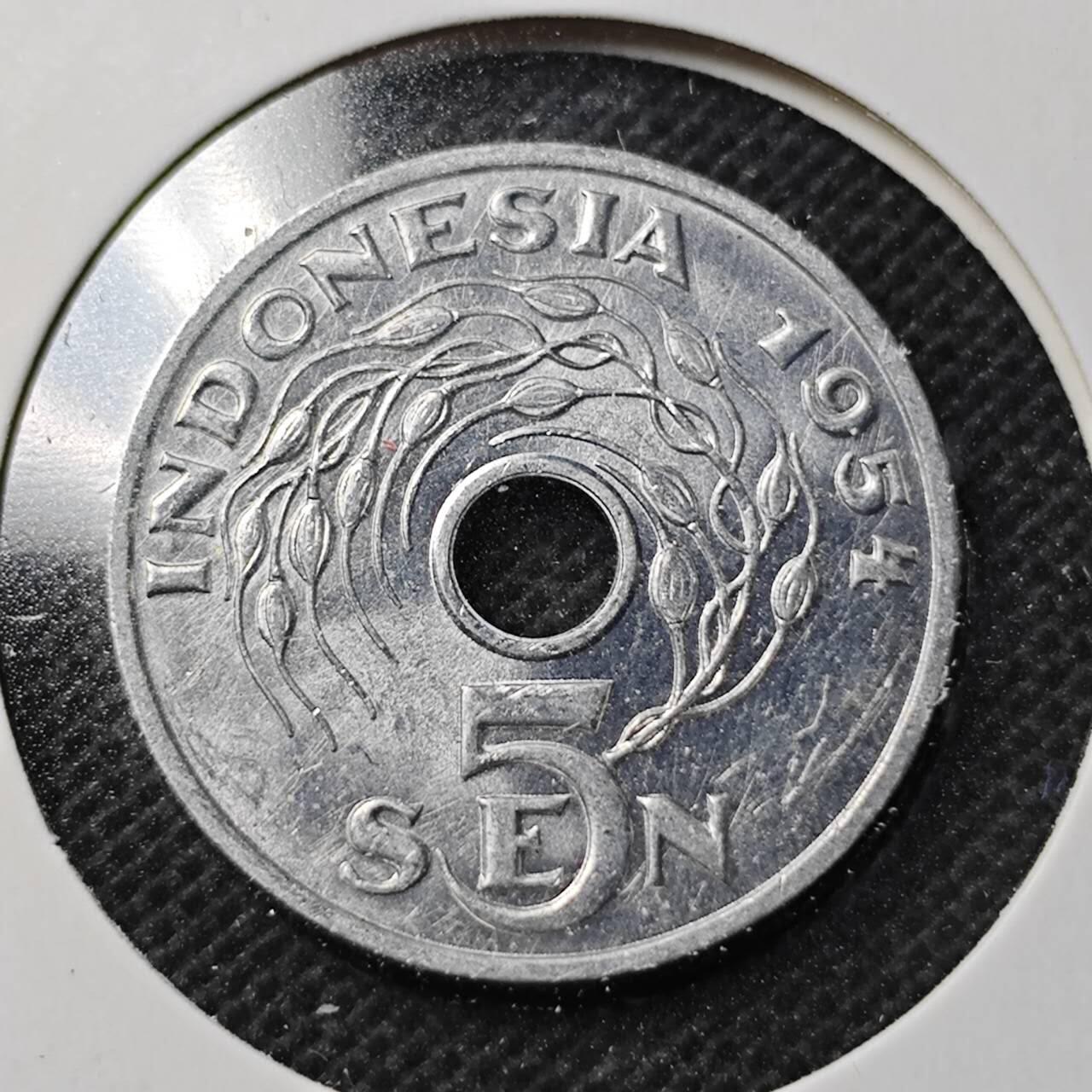KK钱币收藏小铺  第369场  2月预留时间 周末发货  1954印度尼西亚5仙 好品