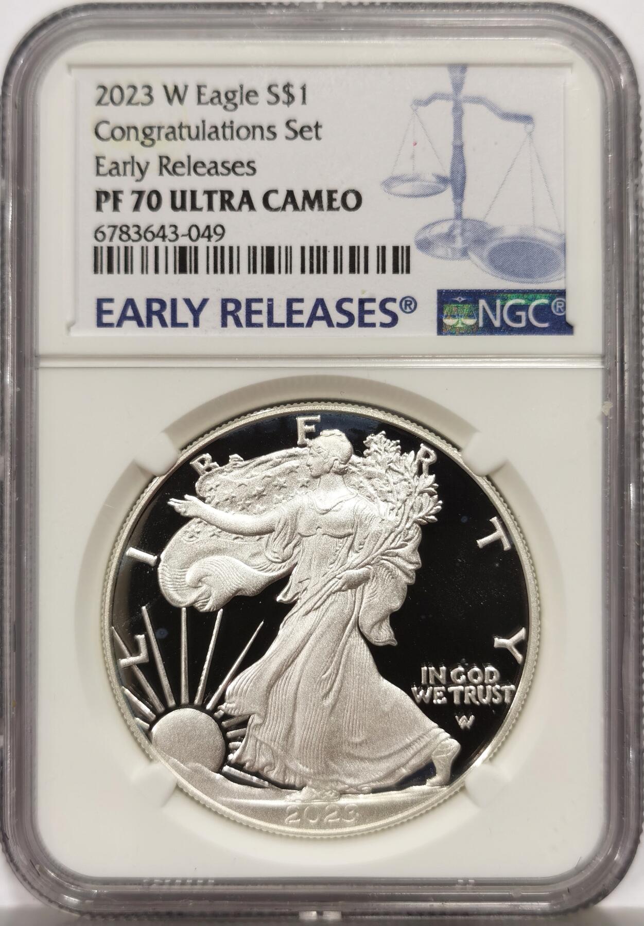 博洋堂世界钱币拍卖第146期（全场包邮） NGC PF70UC 美国2023年鹰洋自由行走女神扬翅鹰1美元精制银币，PROOF精制币，币面清爽干净又漂亮，打制精美，状态一流，冠军分。