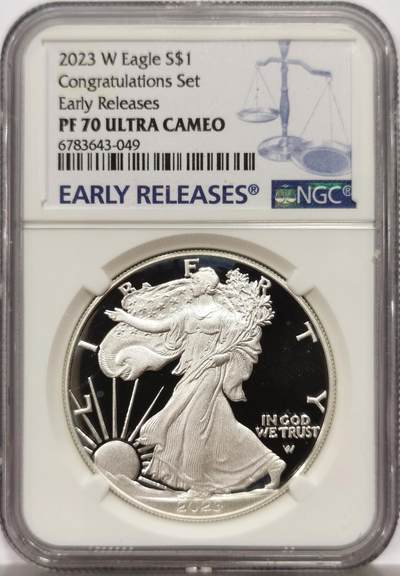 博洋堂世界钱币拍卖第146期（全场包邮） - NGC PF70UC 美国2023年鹰洋自由行走女神扬翅鹰1美元精制银币，PROOF精制币，币面清爽干净又漂亮，打制精美，状态一流，冠军分。