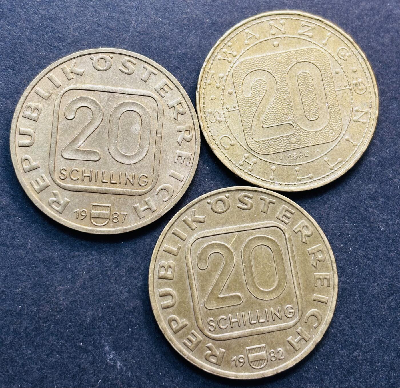 文馨钱币收藏第 281 场，【 长期接收代拍品】银元，银币，套币，纸币专场（本场截拍后休息三天，19 号发货） 少见原铜光奥地利 1980-1982-1987 年 20 先令纪念币 3 枚