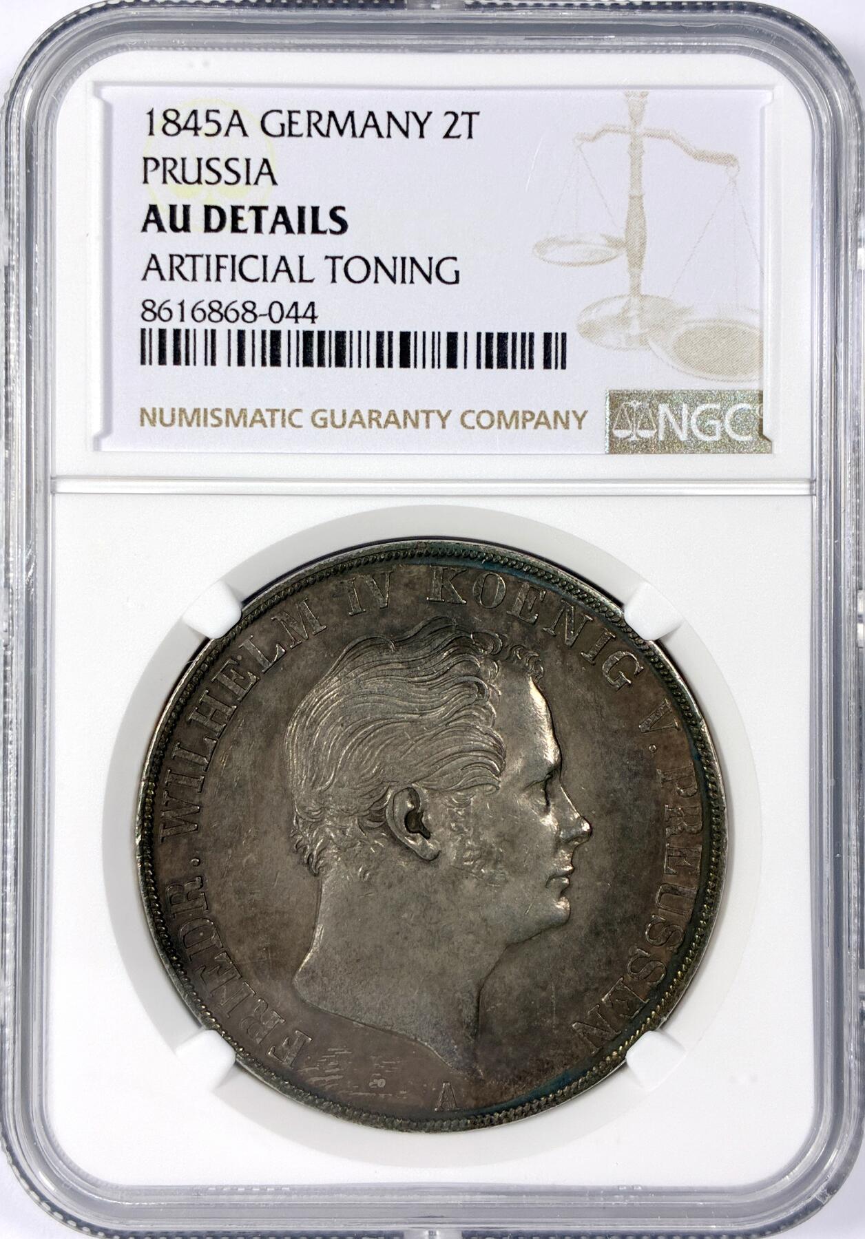 【雨安】【世界币章114期】2025-11-15 周六 19:30 保真 8秒倒数自动落锤 高效拍卖 [评级德国] Germany 德国 德意志 2泰勒 Prussia普鲁士 Thun.253/258 腓特烈·威廉四世 1845年 NGC-AU