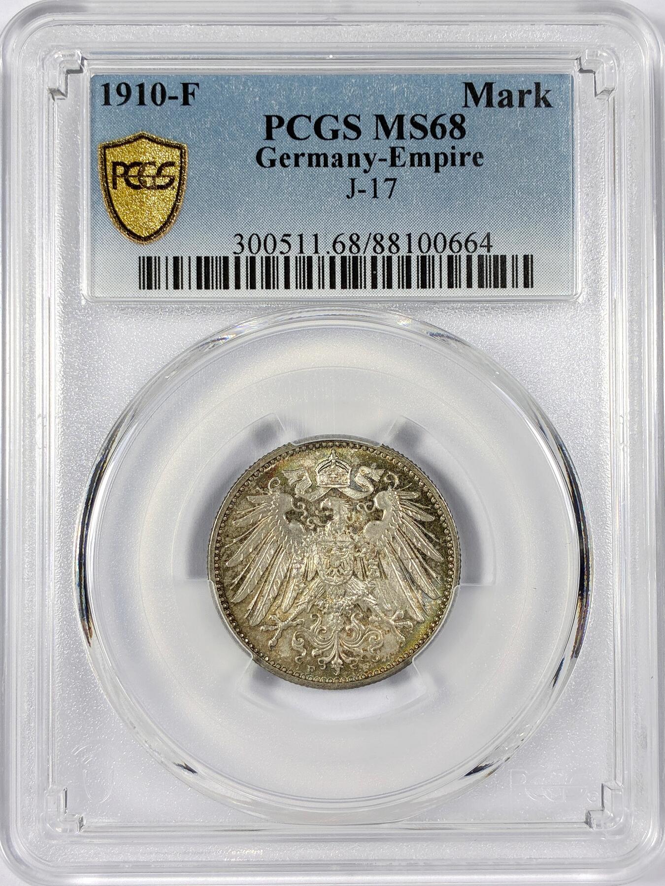 【雨安】【世界币章114期】2025-11-15 周六 19:30 保真 8秒倒数自动落锤 高效拍卖 [评级德国] Germany 德国 帝国 1马克 1910年 PCGS-MS68