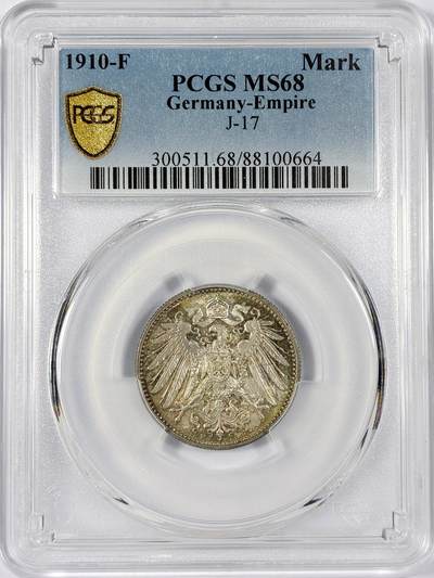 【雨安】【世界币章114期】2025-11-15 周六 19:30 保真 8秒倒数自动落锤 高效拍卖 - [评级德国] Germany 德国 帝国 1马克 1910年 PCGS-MS68