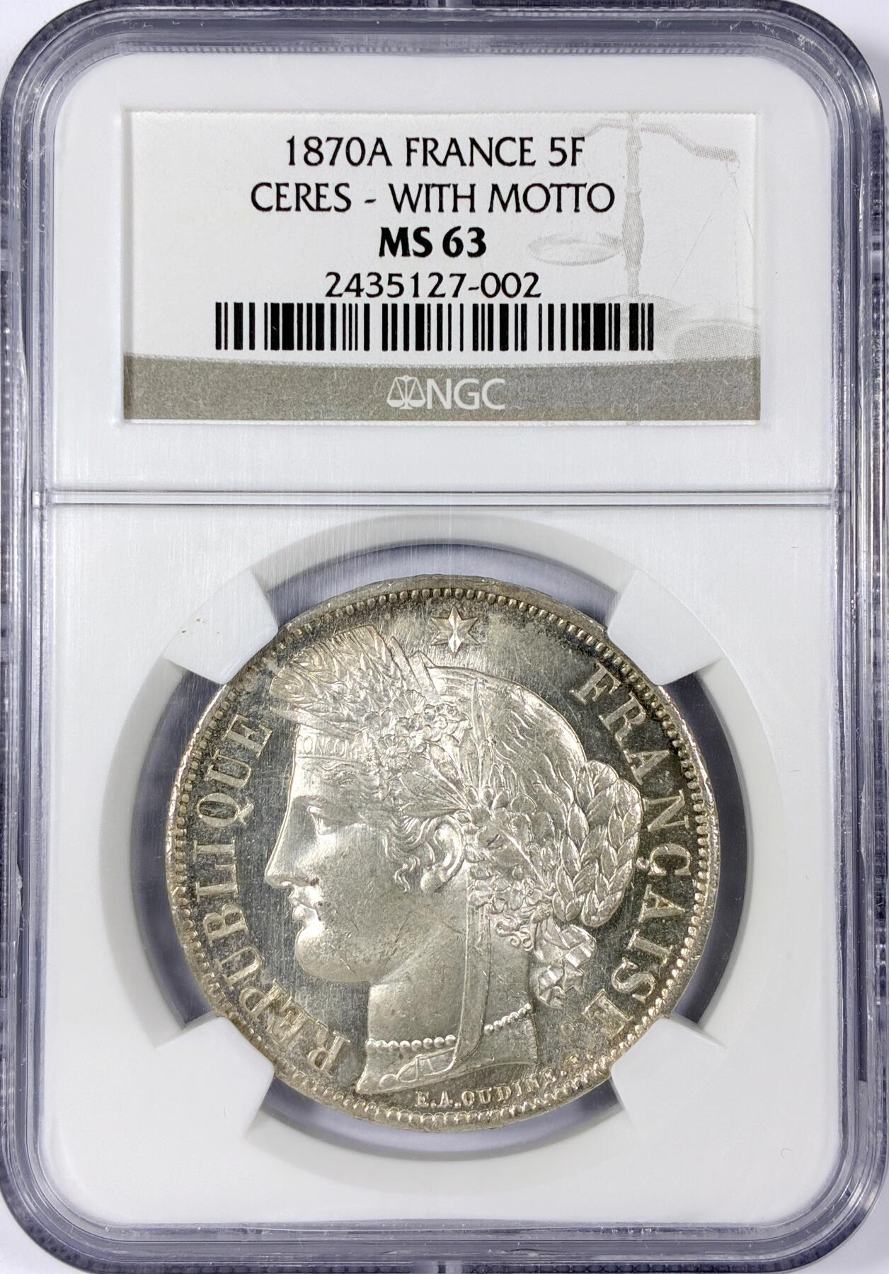 【雨安】【世界币章114期】2025-11-15 周六 19:30 保真 8秒倒数自动落锤 高效拍卖 [评级法国] France 法国 5法郎 KM#0819 谷物 有铭文 1870年 NGC-MS63 粉光