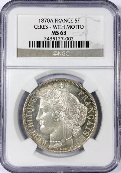 【雨安】【世界币章114期】2025-11-15 周六 19:30 保真 8秒倒数自动落锤 高效拍卖 - [评级法国] France 法国 5法郎 KM#0819 谷物 有铭文 1870年 NGC-MS63 粉光