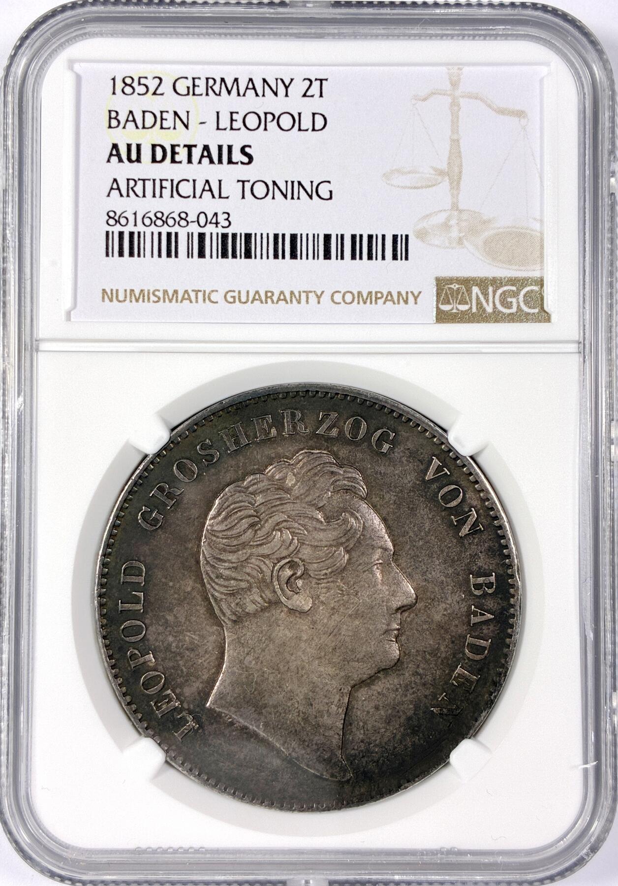 【雨安】【世界币章114期】2025-11-15 周六 19:30 保真 8秒倒数自动落锤 高效拍卖 [评级德国] Germany 德国 德意志 2泰勒 Baden巴登 Thun.026 KM#0220 (1845-1852) 1852年 NGC-AU