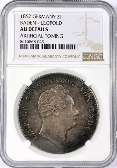 【雨安】【世界币章114期】2025-11-15 周六 19:30 保真 8秒倒数自动落锤 高效拍卖 - [评级德国] Germany 德国 德意志 2泰勒 Baden巴登 Thun.026 KM#0220 (1845-1852) 1852年 NGC-AU