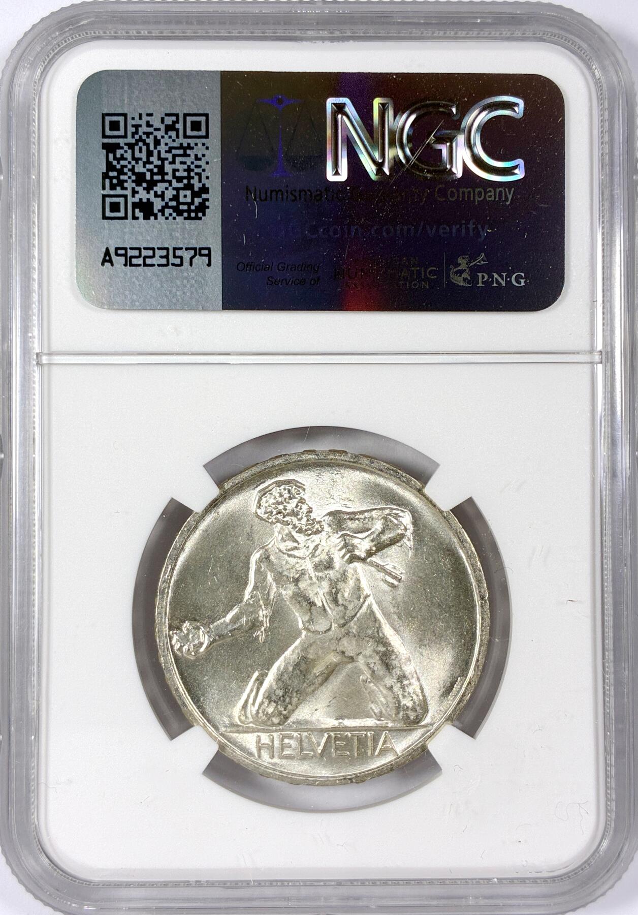 【雨安】【世界币章114期】2025-11-15 周六 19:30 保真 8秒倒数自动落锤 高效拍卖 [评级欧洲] Switzerland 瑞士 5法郎 1944年 圣雅各布比尔斯战役 KM# 45 NGC-MS65