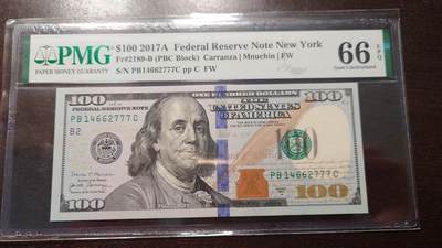 世界钱币～微拍第214期暨2025年第54期  双11评级币特惠拍 - 2017A美国100元 PMG66E 号码14662777 豹子号
