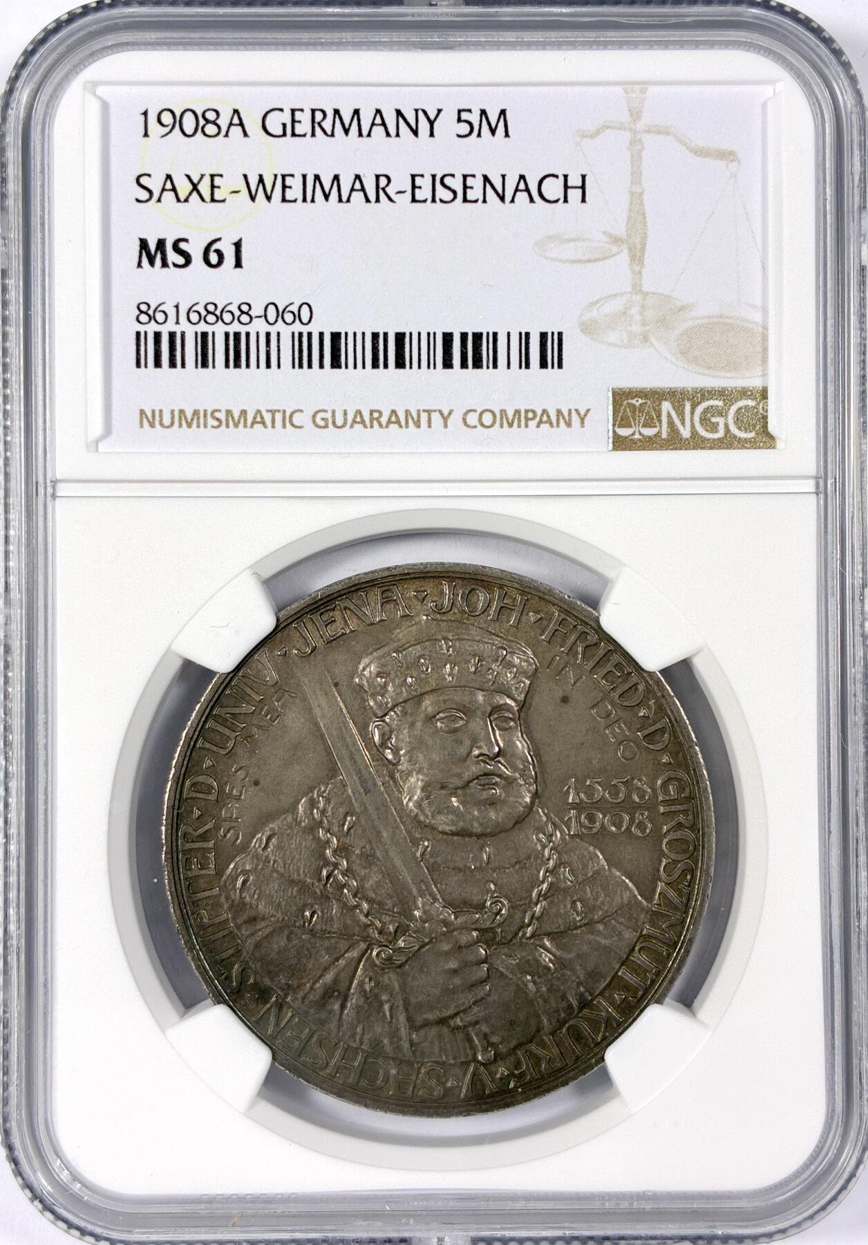 【雨安】【世界币章114期】2025-11-15 周六 19:30 保真 8秒倒数自动落锤 高效拍卖 [评级德国] Germany 德国 帝国 J.161 萨克森-魏玛-艾森纳赫 5马克 (1908) 耶拿大学 1908年 NGC-MS61 原味均匀老包浆