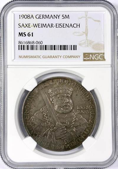 【雨安】【世界币章114期】2025-11-15 周六 19:30 保真 8秒倒数自动落锤 高效拍卖 - [评级德国] Germany 德国 帝国 J.161 萨克森-魏玛-艾森纳赫 5马克 (1908) 耶拿大学 1908年 NGC-MS61 原味均匀老包浆