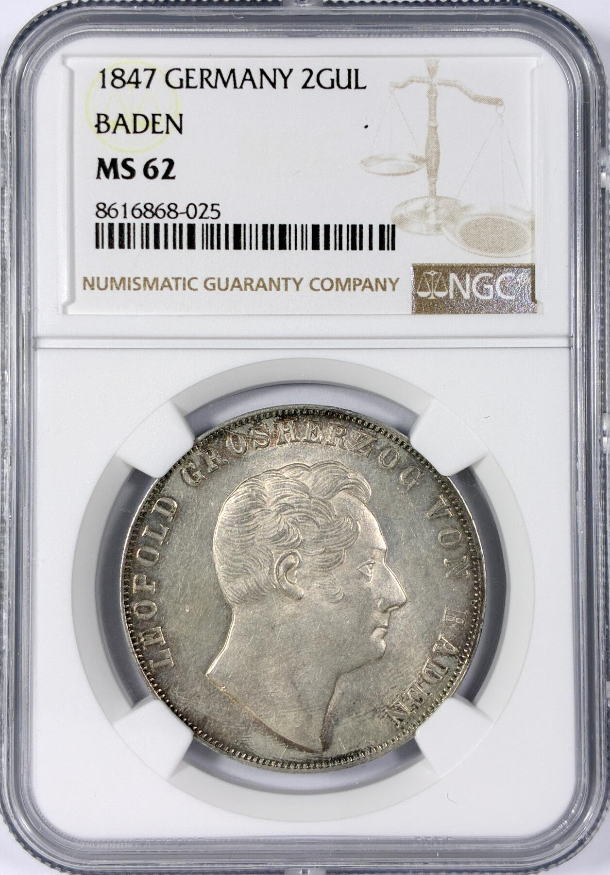 【雨安】【世界币章114期】2025-11-15 周六 19:30 保真 8秒倒数自动落锤 高效拍卖 [评级德国] Germany 德国 德意志 2盾 Baden巴登 Thun.027 KM#0222 (1846-1852) 1847年 NGC-MS62