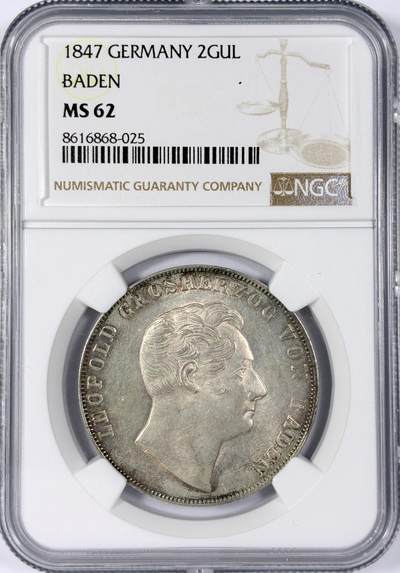 【雨安】【世界币章114期】2025-11-15 周六 19:30 保真 8秒倒数自动落锤 高效拍卖 - [评级德国] Germany 德国 德意志 2盾 Baden巴登 Thun.027 KM#0222 (1846-1852) 1847年 NGC-MS62