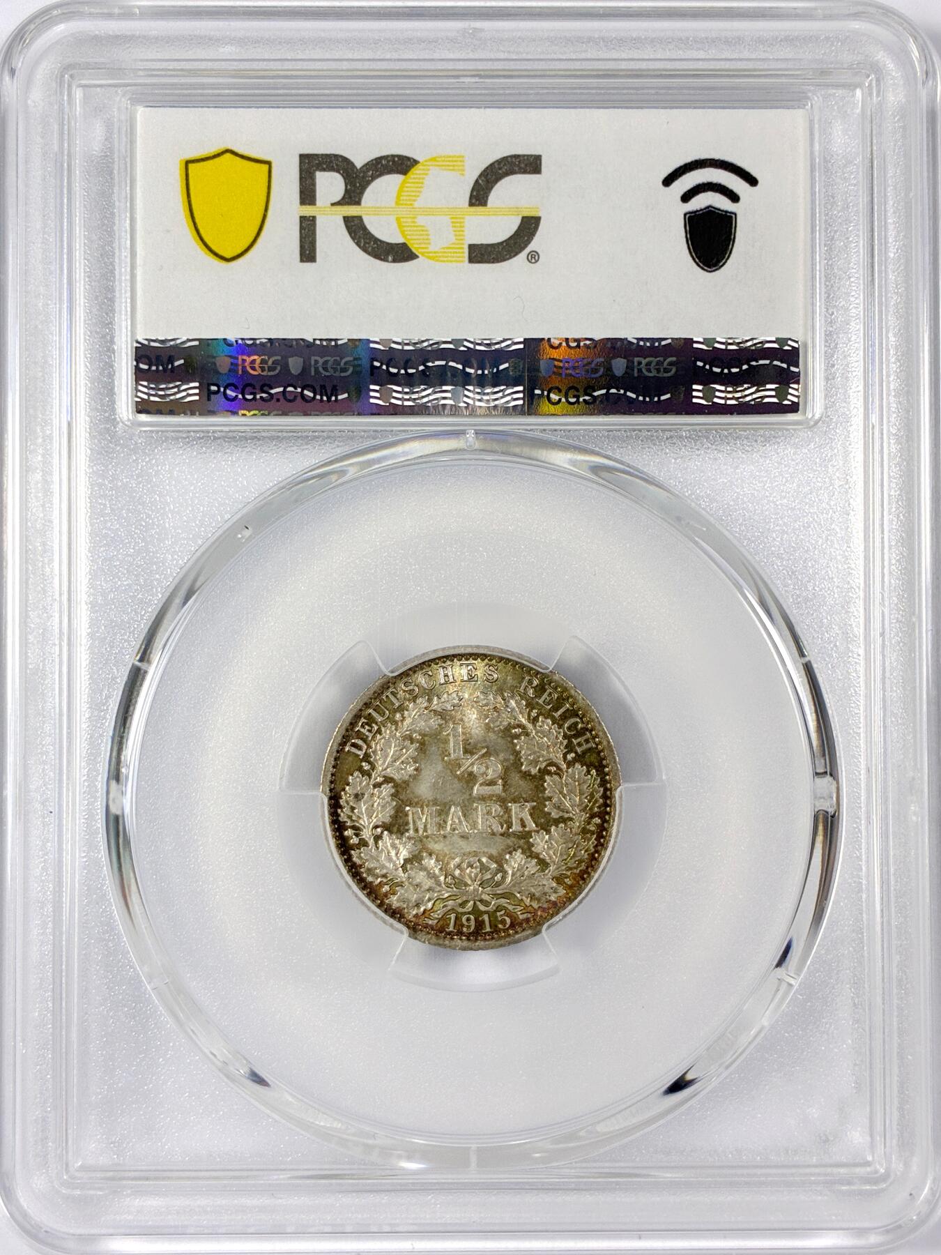 【雨安】【世界币章114期】2025-11-15 周六 19:30 保真 8秒倒数自动落锤 高效拍卖 [评级德国] Germany 德国 帝国 1/2马克 1915年 PCGS-MS67