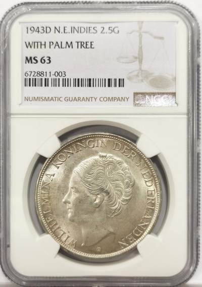 博洋堂世界钱币拍卖第146期（全场包邮） - NGC MS63 荷属东印度1943年威廉明娜2.5盾大银币 单年份 高分难得