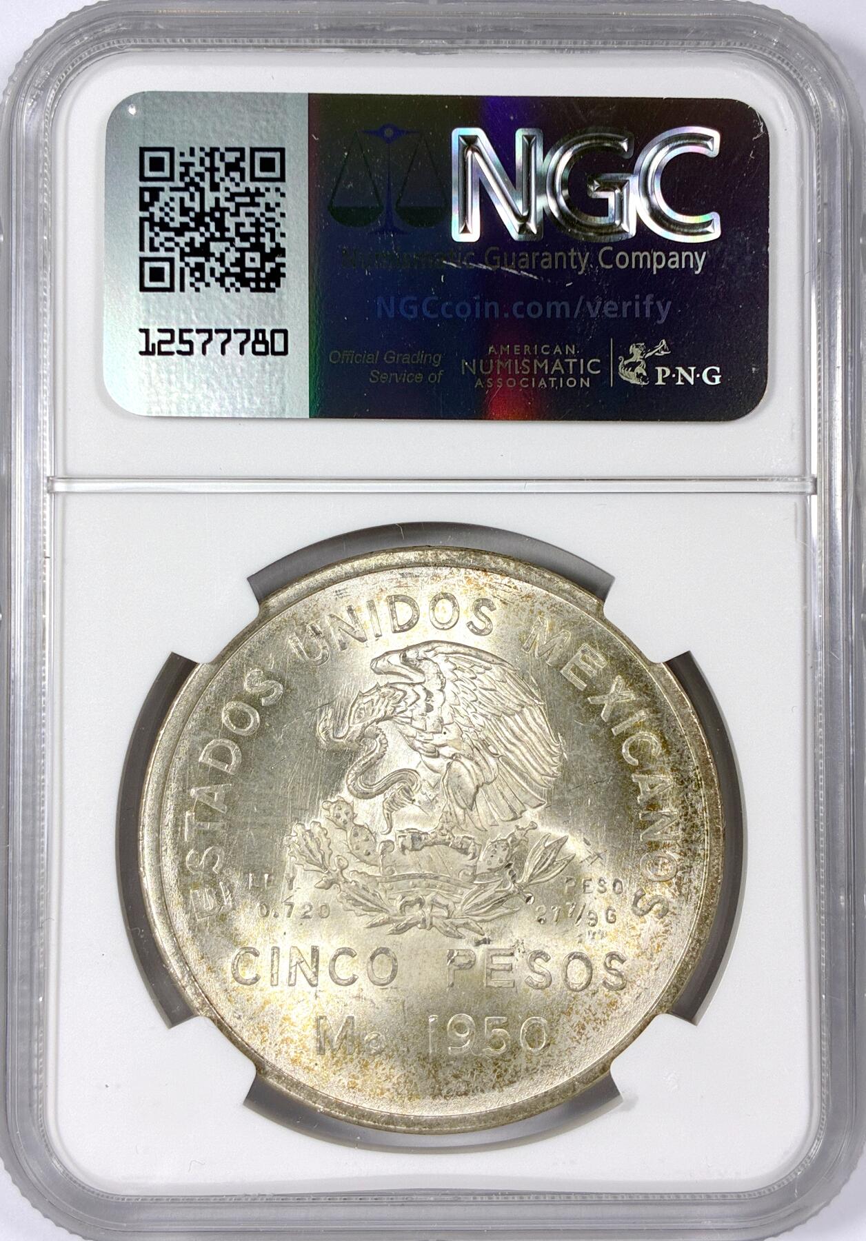 【雨安】【世界币章114期】2025-11-15 周六 19:30 保真 8秒倒数自动落锤 高效拍卖 [评级美洲] Mexico 墨西哥 5比索 1950年 南部铁路 NGC-MS64 美国同分现在都在1500左右