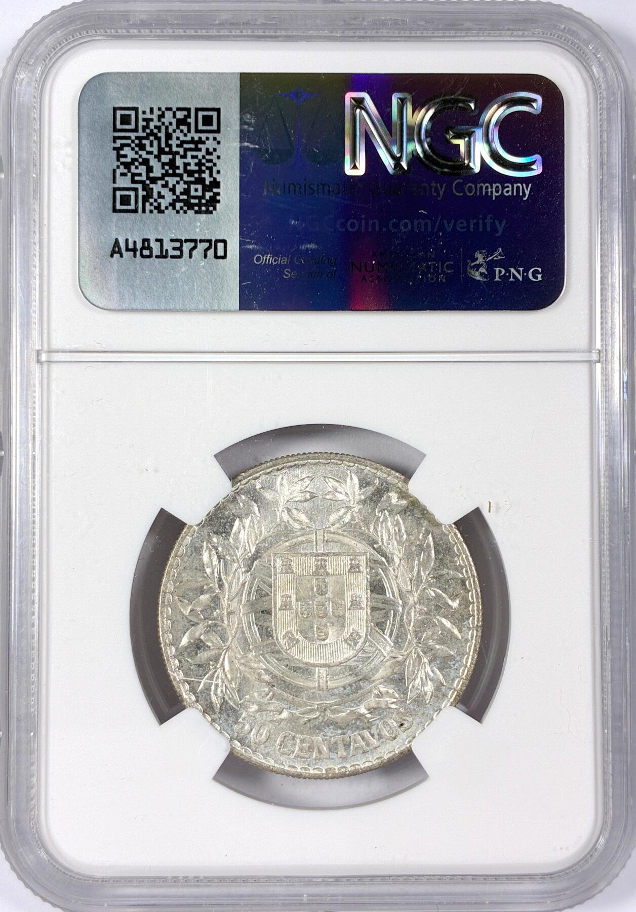 【雨安】【世界币章114期】2025-11-15 周六 19:30 保真 8秒倒数自动落锤 高效拍卖 [评级欧洲] Portugal 葡萄牙 共和国 50分 1916年 NGC-MS63