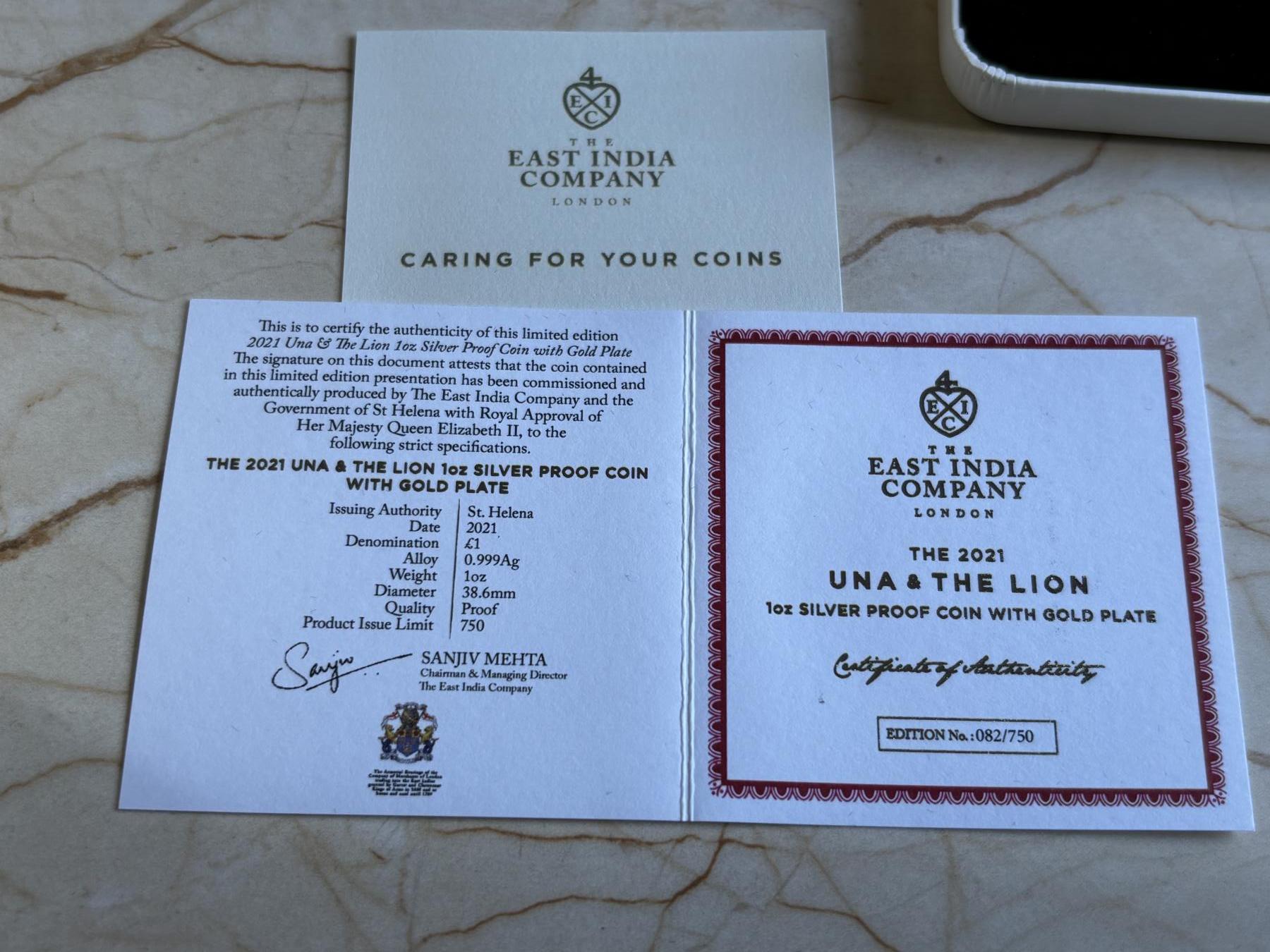 第181期拍卖 圣赫勒拿2021年尤娜和狮子系列1盎司精制镀金银币，999银镀金，发行750枚