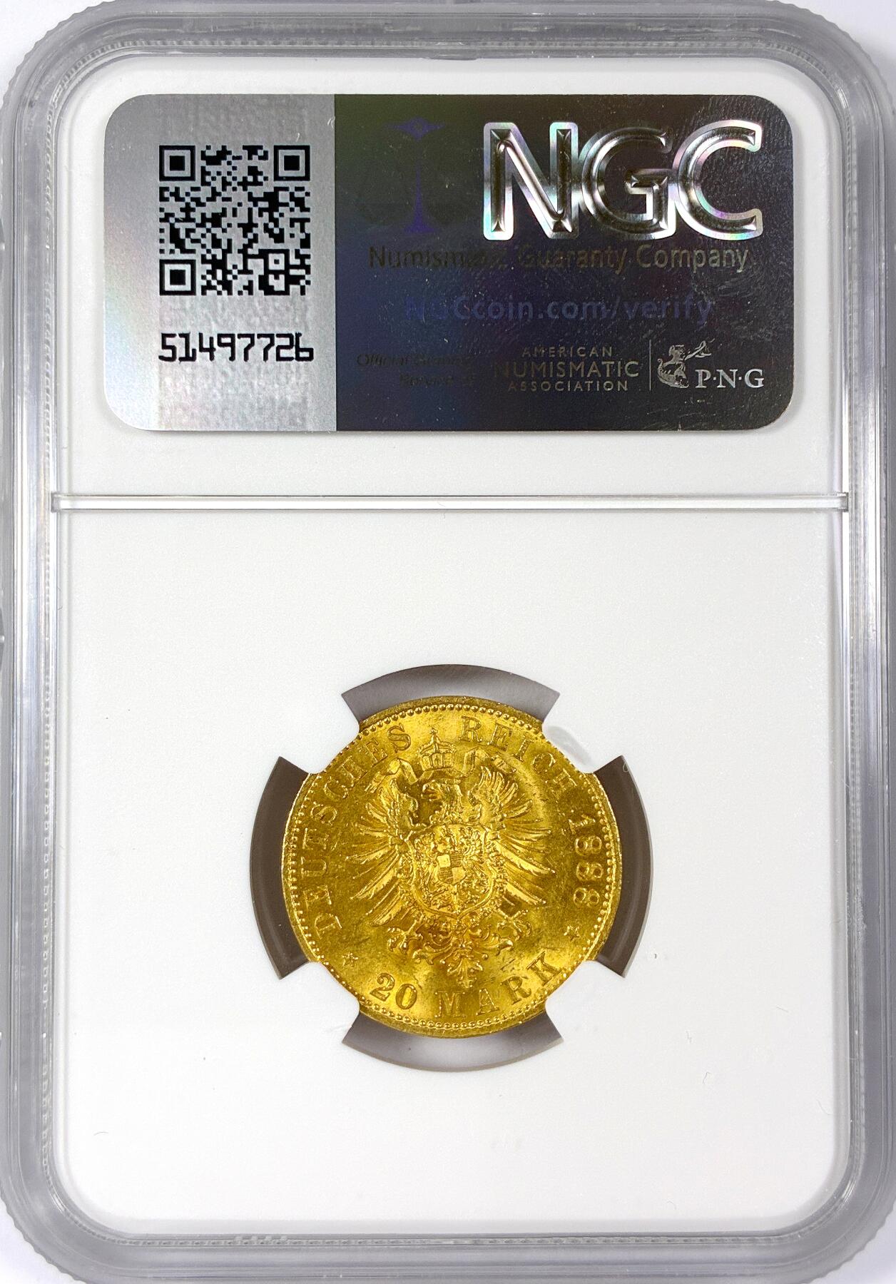 【雨安】【世界币章114期】2025-11-15 周六 19:30 保真 8秒倒数自动落锤 高效拍卖 [金币] Germany 德国 普鲁士 20马克 1888年 三皇 NGC-MS62