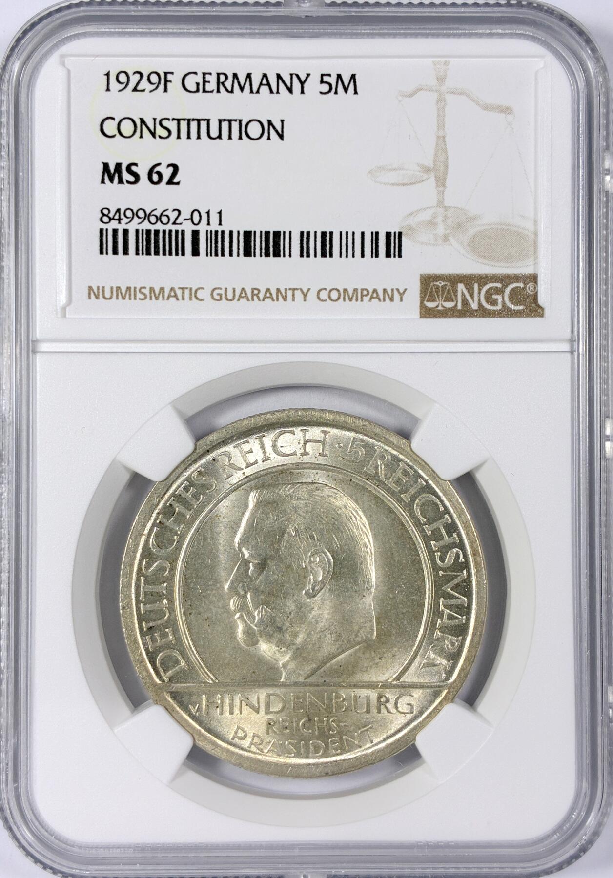 【雨安】【世界币章114期】2025-11-15 周六 19:30 保真 8秒倒数自动落锤 高效拍卖 [评级德国] Germany 德国 魏玛 5马克 KM#64 魏玛宪法 1929年 NGC-MS62