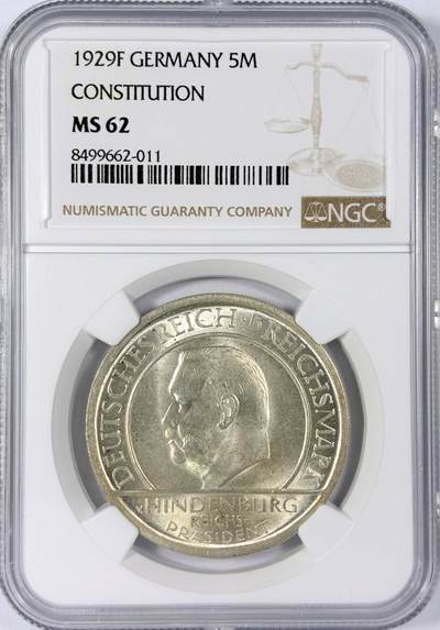 【雨安】【世界币章114期】2025-11-15 周六 19:30 保真 8秒倒数自动落锤 高效拍卖 - [评级德国] Germany 德国 魏玛 5马克 KM#64 魏玛宪法 1929年 NGC-MS62