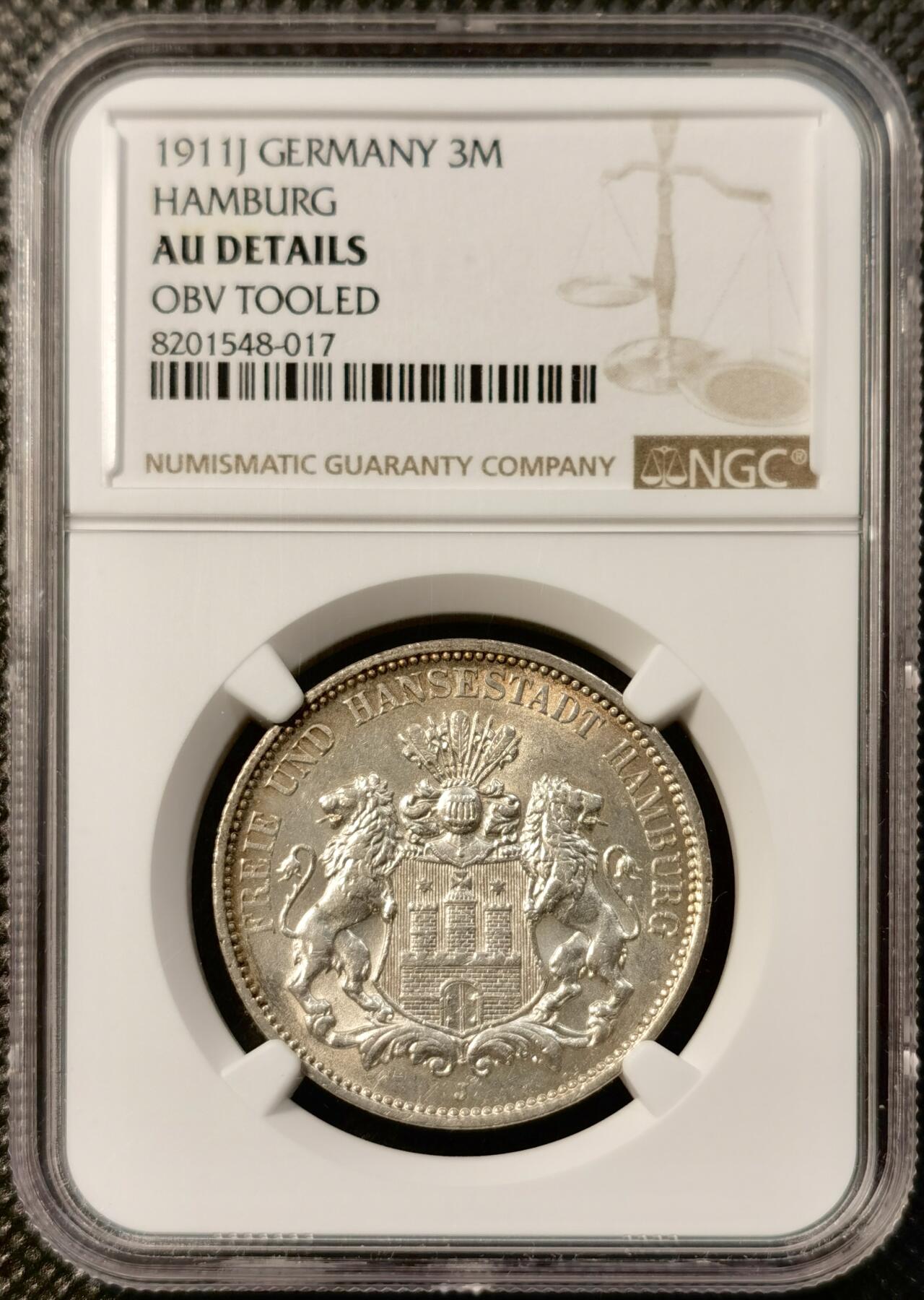 甄臻铺-世界币章拍卖（第39期）送拍享返佣金等优惠多多 NGC-AUD 1911J汉堡3马克 状态很好 淡金色彩