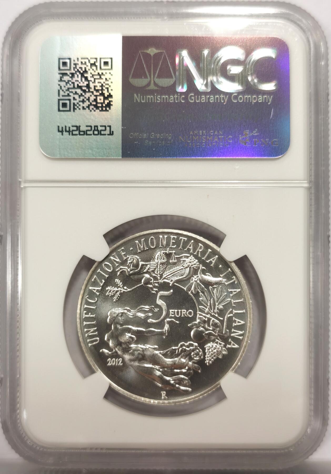 博洋堂世界钱币拍卖第146期（全场包邮） NGC MS69 意大利2012年发行的里拉的诞生（货币统一150周年）5欧元纪念银币（盒证齐全，限量7千枚）