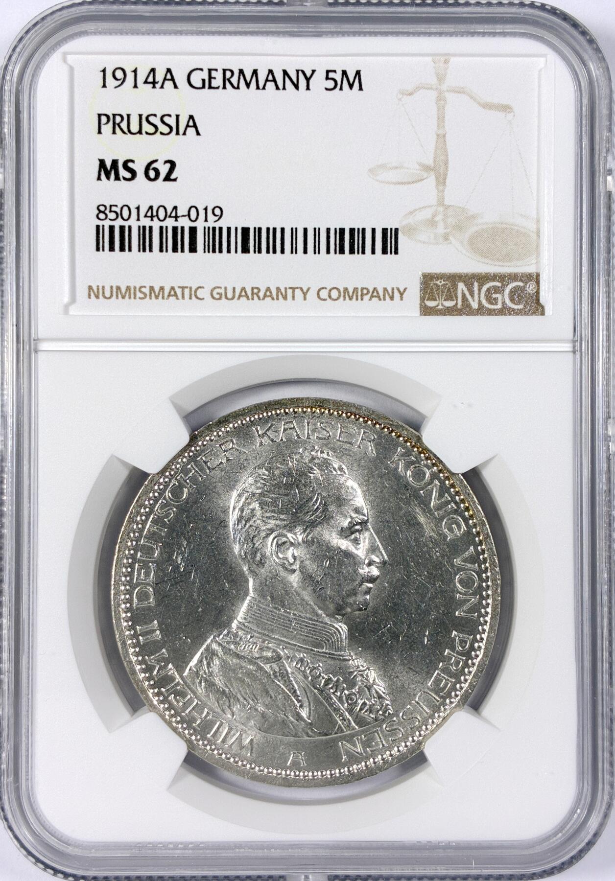 【雨安】【世界币章114期】2025-11-15 周六 19:30 保真 8秒倒数自动落锤 高效拍卖 [评级德国] Germany 德国 帝国 J.114 普鲁士 5马克 (1913-1914) 军装 1914年 NGC-MS62