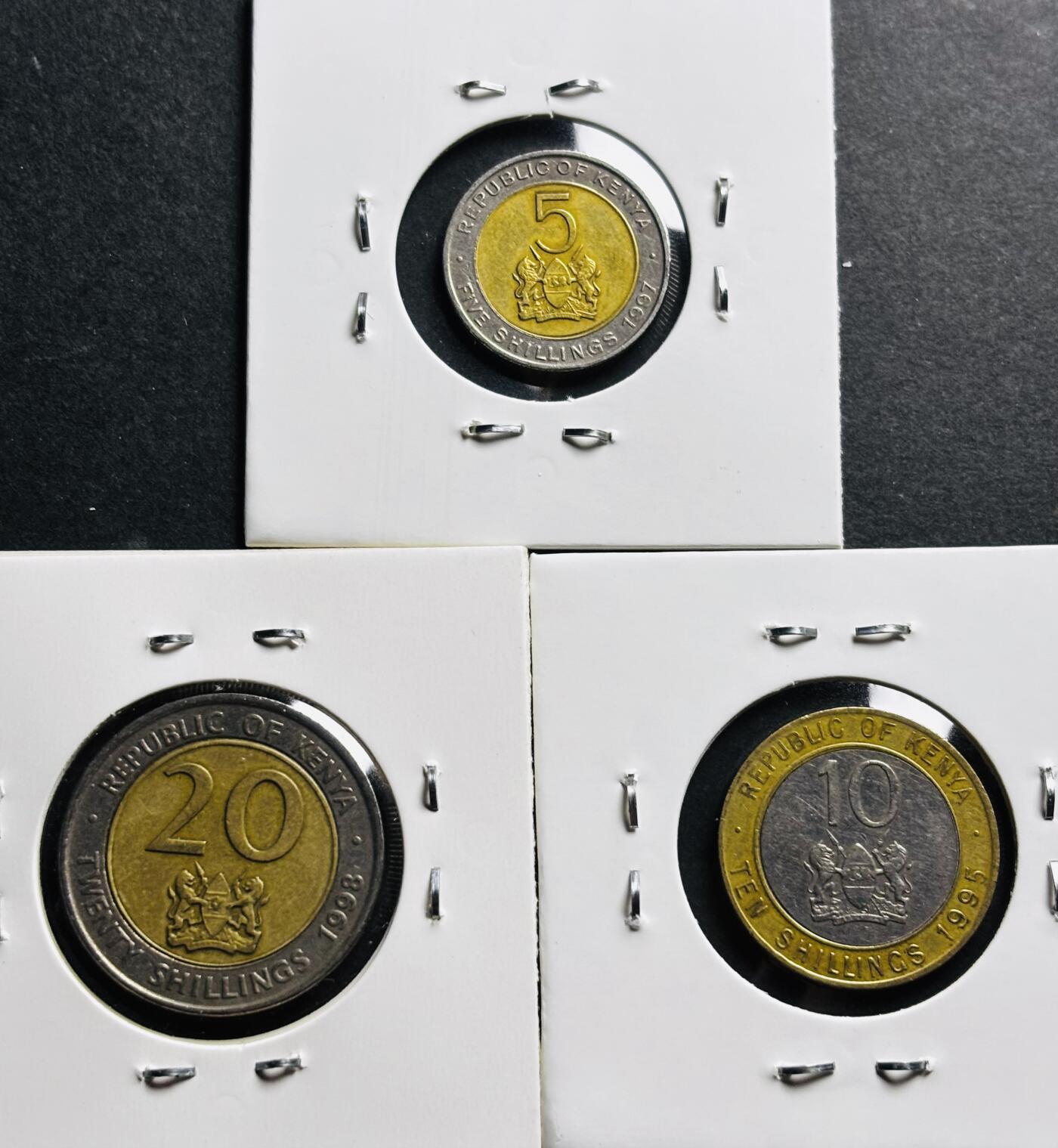 文馨钱币收藏第 281 场，【 长期接收代拍品】银元，银币，套币，纸币专场（本场截拍后休息三天，19 号发货） 肯尼亚 1997-5 先令，1995-10 先令，1998-20 先令双色纪念币 3 枚套