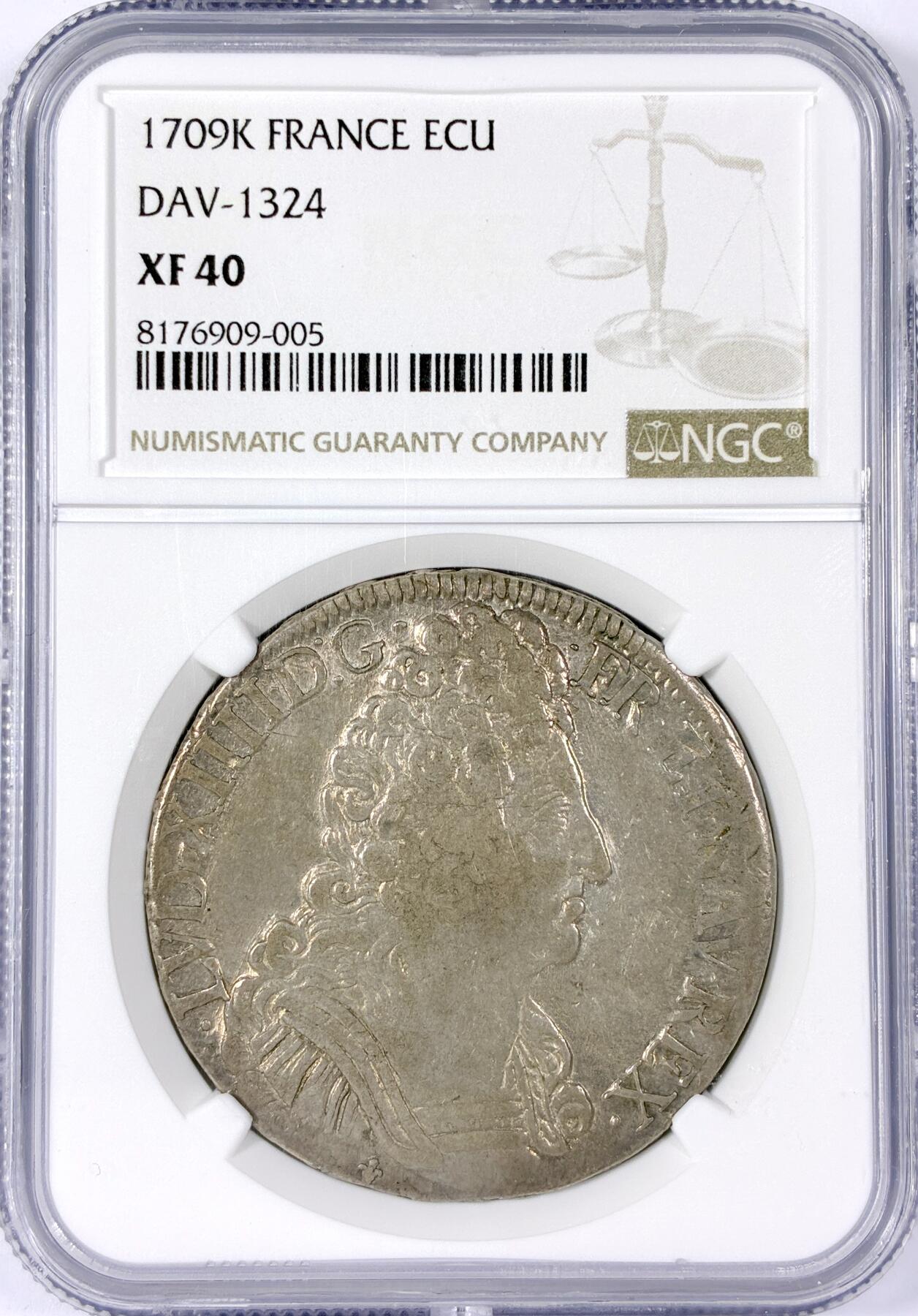 【雨安】【世界币章114期】2025-11-15 周六 19:30 保真 8秒倒数自动落锤 高效拍卖 [评级法国] France 法国 1埃居 KM#0386 DAV-1324 (1709-1715) 路易十四 三皇冠 1709年 NGC-XF40