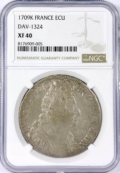 【雨安】【世界币章114期】2025-11-15 周六 19:30 保真 8秒倒数自动落锤 高效拍卖 - [评级法国] France 法国 1埃居 KM#0386 DAV-1324 (1709-1715) 路易十四 三皇冠 1709年 NGC-XF40