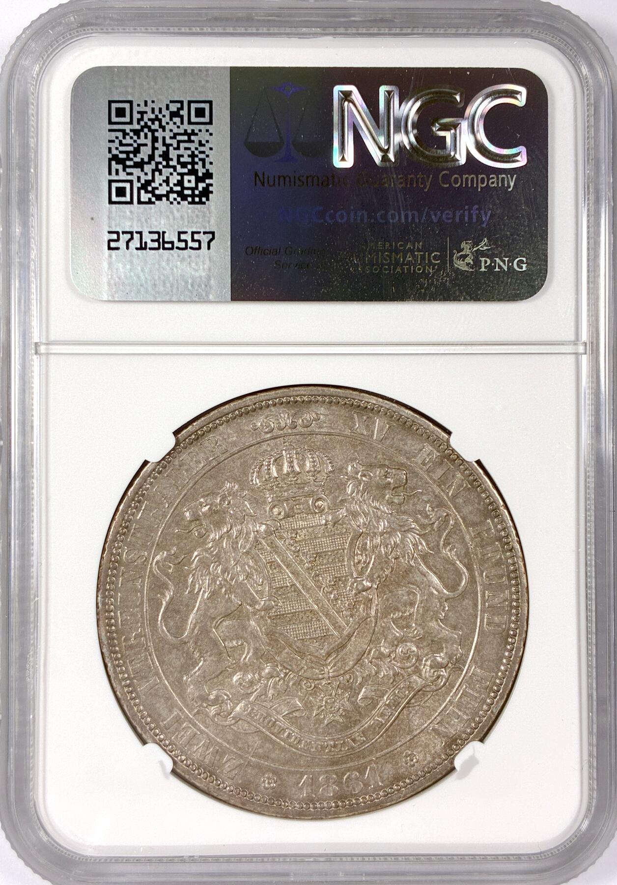 【雨安】【世界币章114期】2025-11-15 周六 19:30 保真 8秒倒数自动落锤 高效拍卖 [评级德国] Germany 德国 德意志 2泰勒 Saxony萨克森 Thun.347 KM#1215 (1861) 约翰.双狮 1861年 NGC-AU58