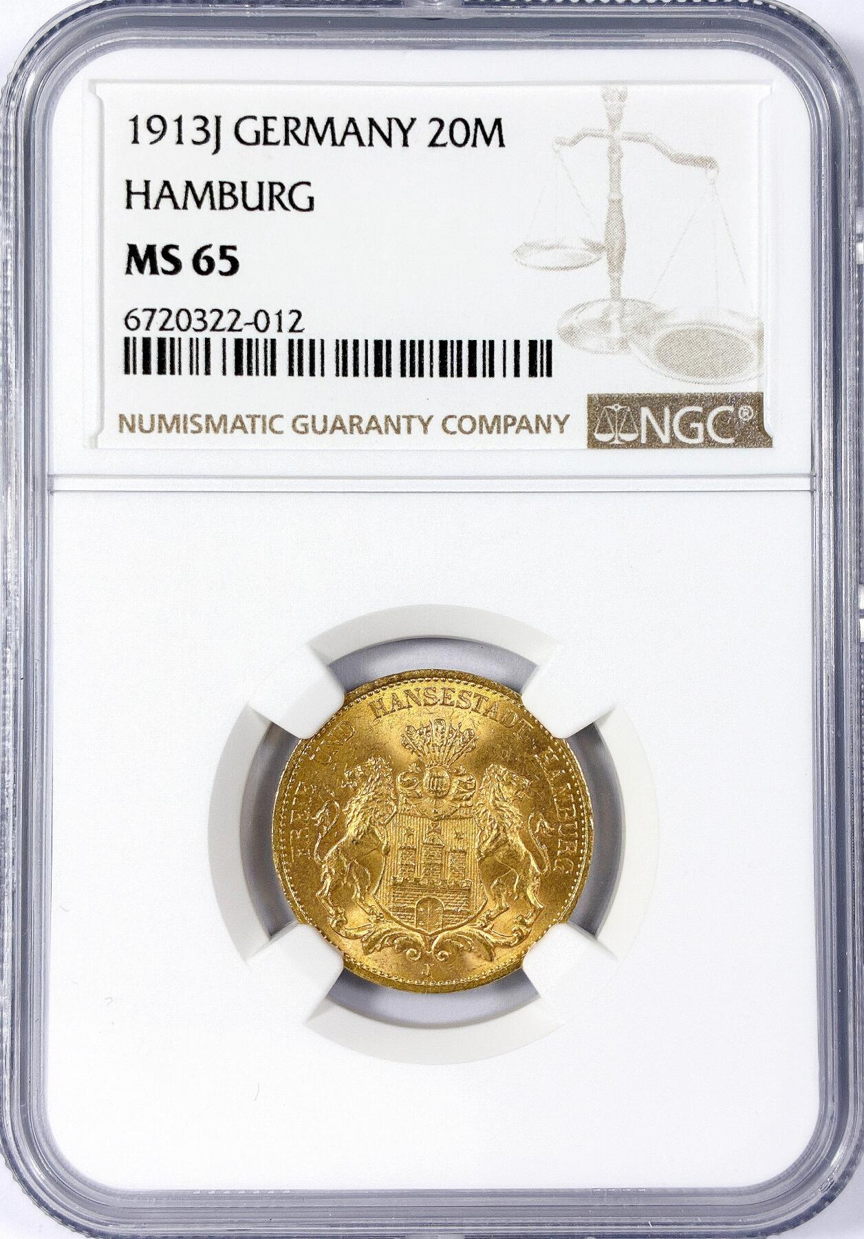 【雨安】【世界币章114期】2025-11-15 周六 19:30 保真 8秒倒数自动落锤 高效拍卖 [金币] Germany 德国 汉堡 20马克 1913年 长翅 NGC-MS65 极品高分